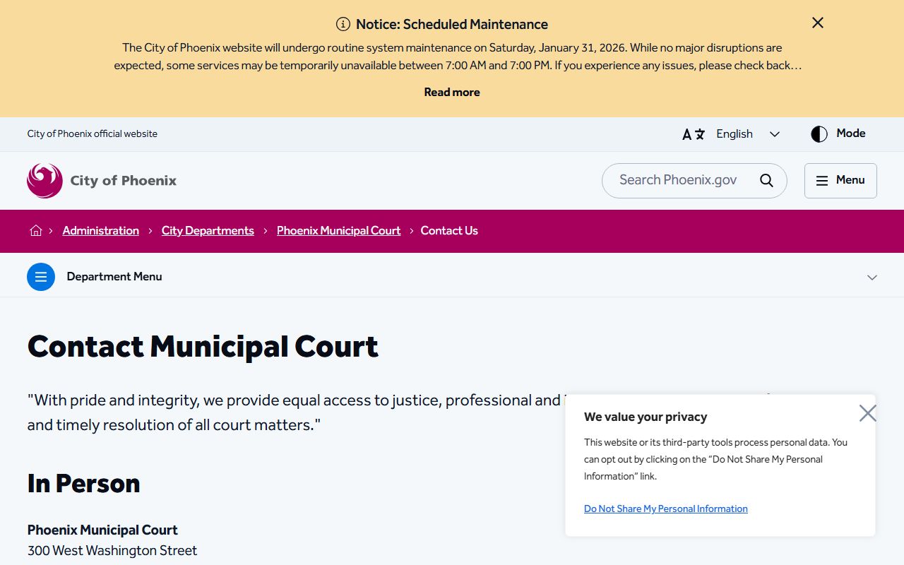 Phoenix Municipal Court contact hours page