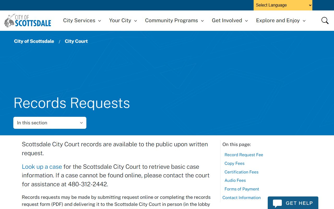 Scottsdale City Court records request page
