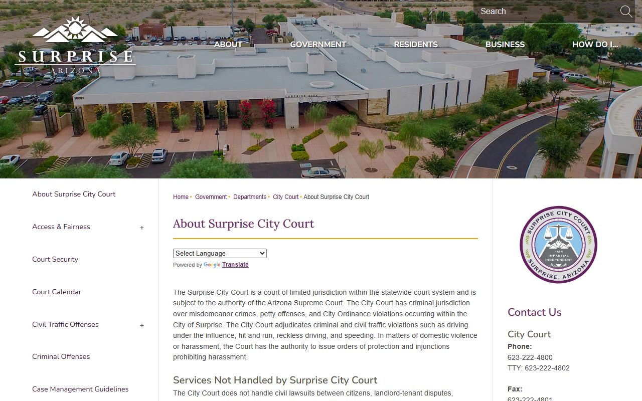 Surprise City Court about page