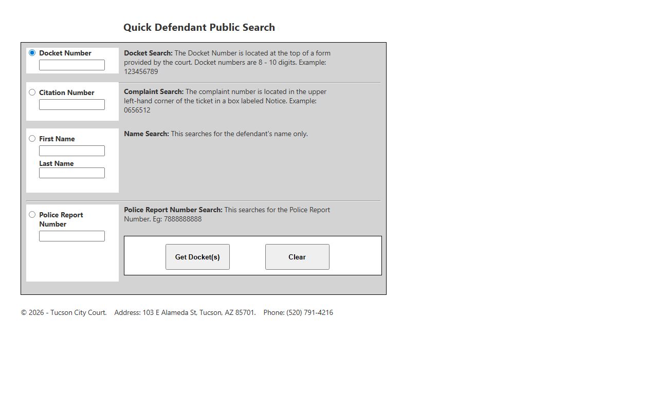 Tucson City Court docket retrieval search