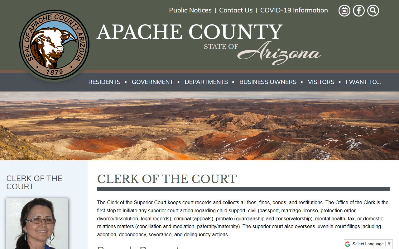 Apache County Clerk of Court main page with contact information