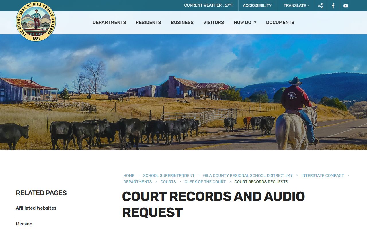 Gila County court records request page with fee schedule