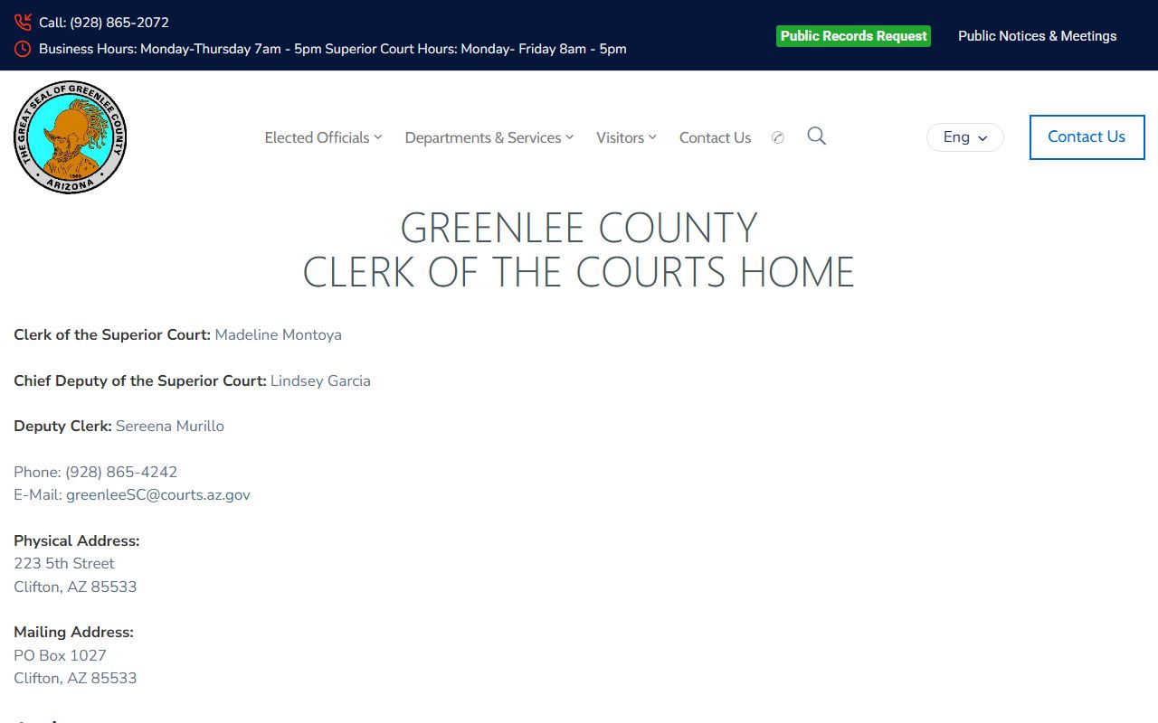 Greenlee County Clerk of Courts contact and information page