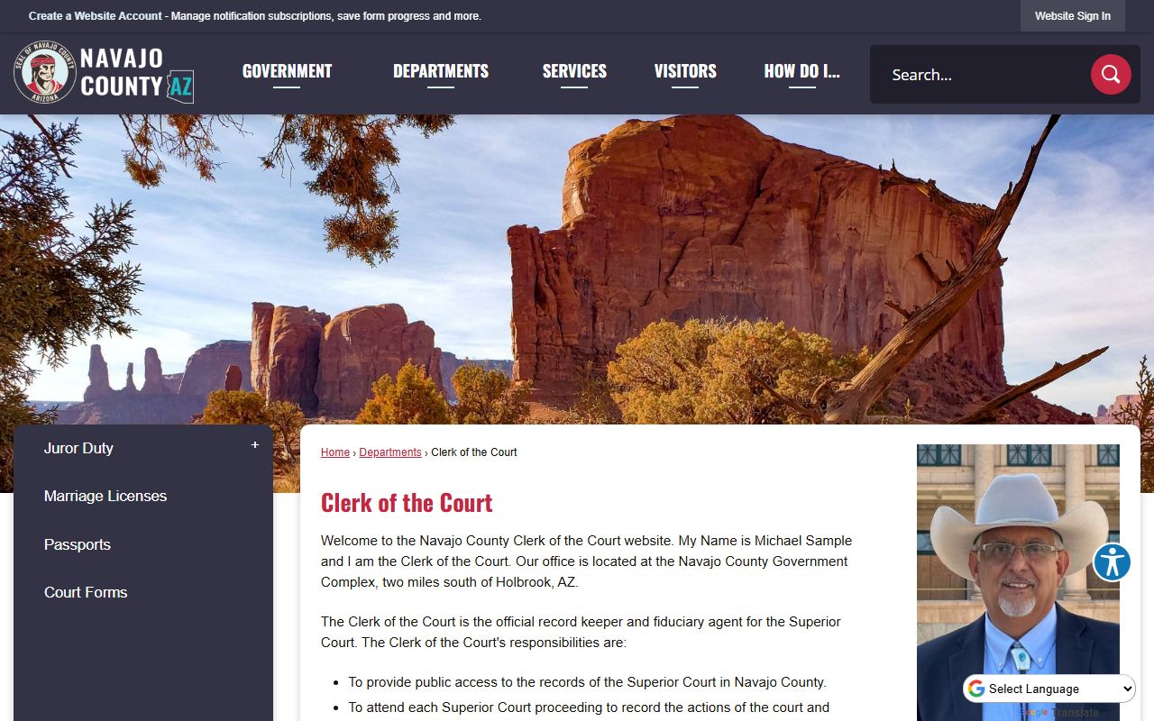 Navajo County Clerk of Court main page with contact details