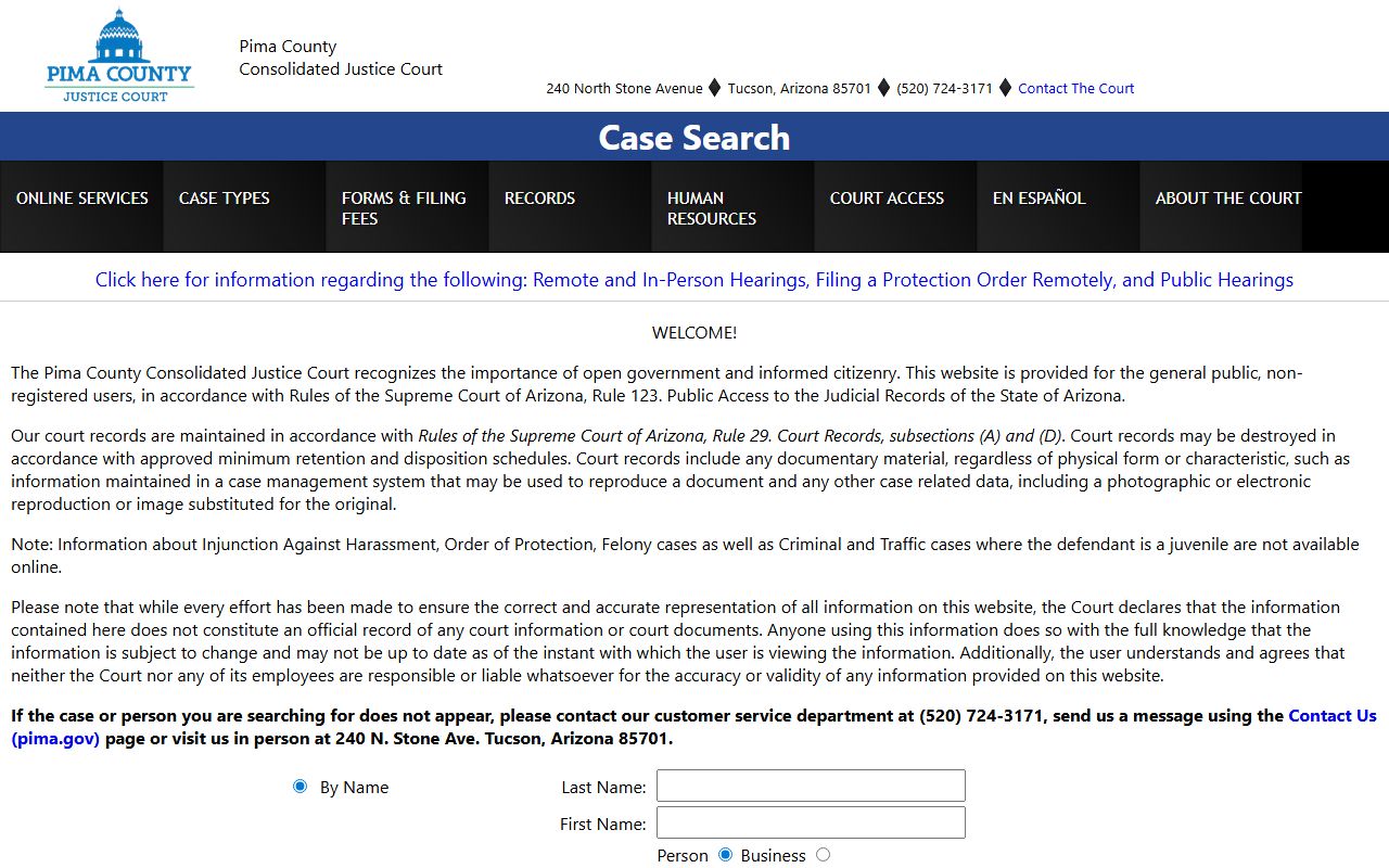 Pima County Justice Court free case search portal