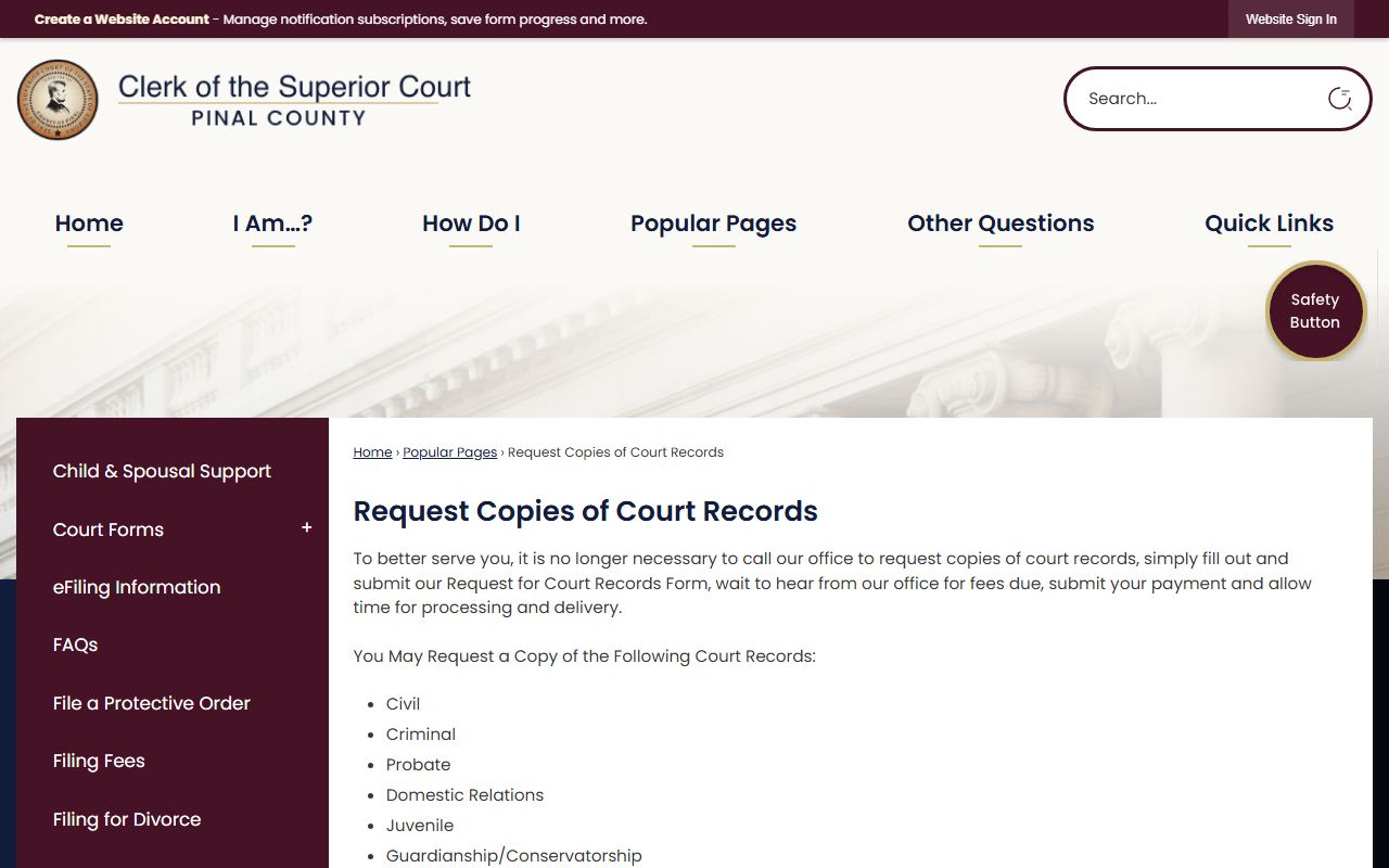 Pinal County court records request page with fees and forms