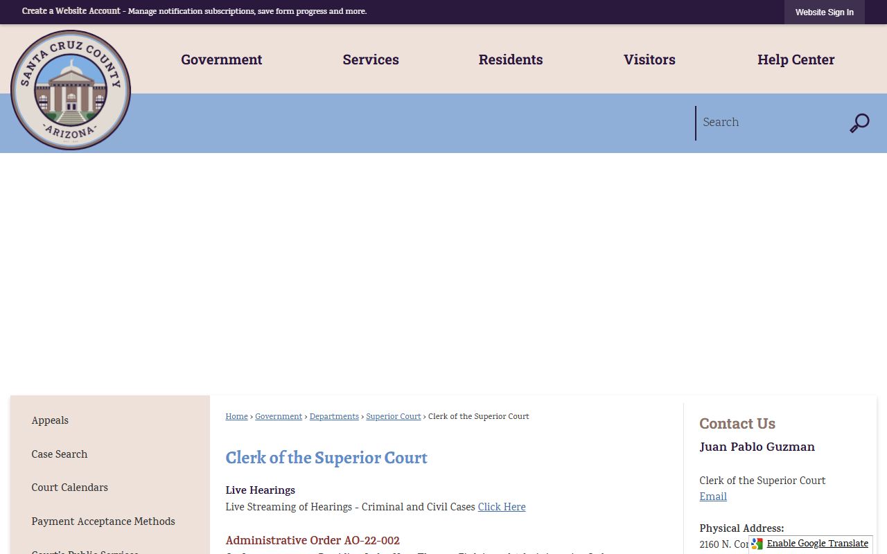 Santa Cruz County Clerk of Superior Court duties and eFiling page