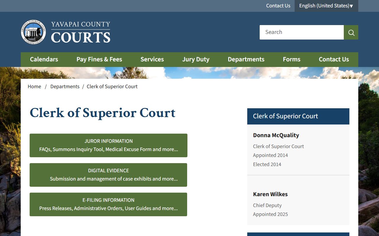 Yavapai County Clerk of Court main page and services