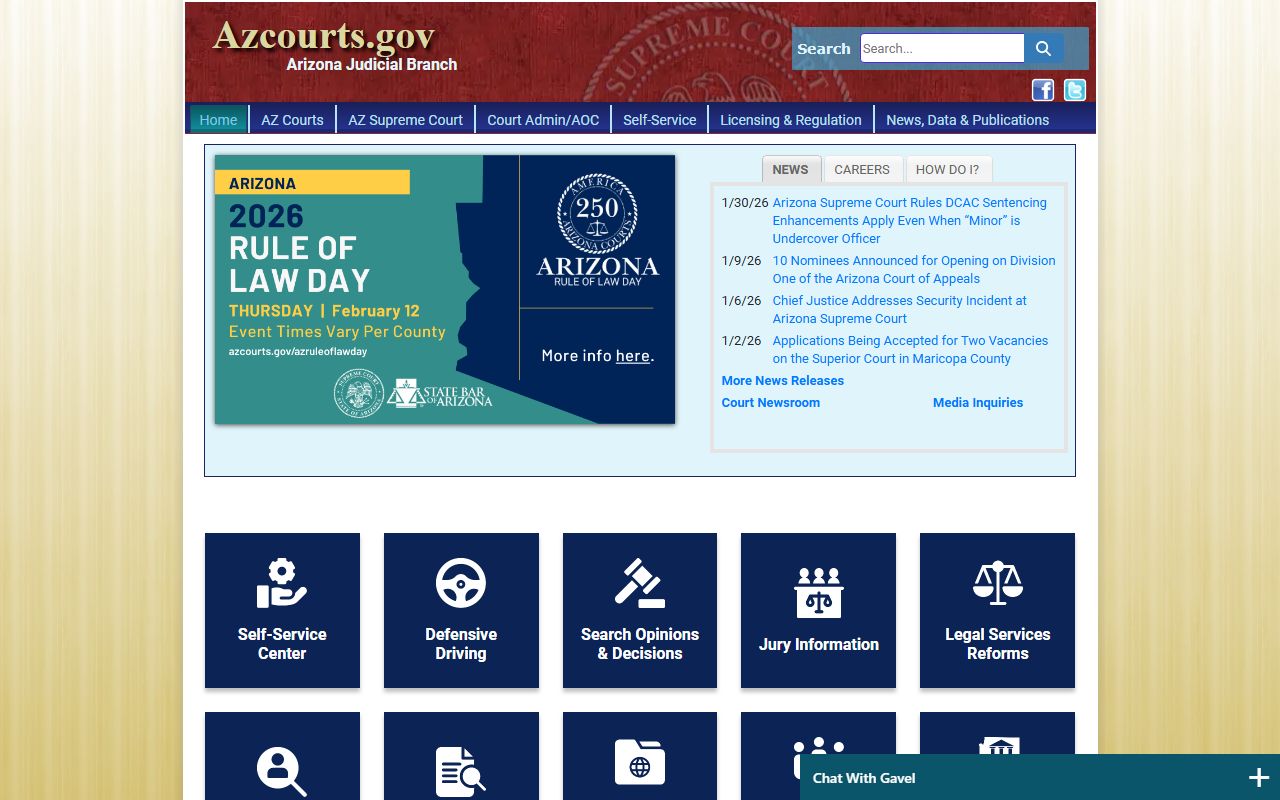 Arizona Judicial Branch official website homepage