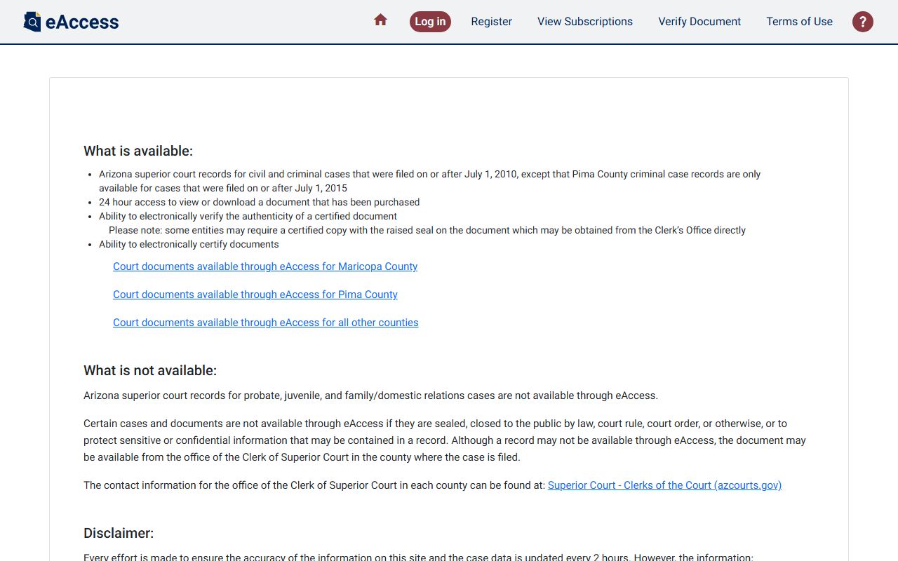 Arizona eAccess paid document portal login screen