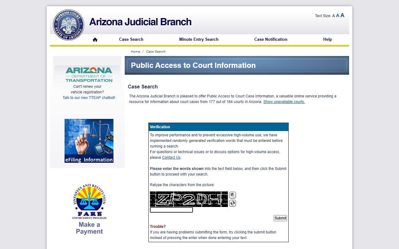Arizona Public Access to Court Case Information statewide search portal